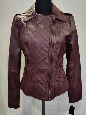 Women's Guess Quilted Faux Leather Jacket - Burgundy